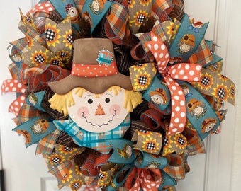 Fall Front Door Wreath, Scarecrow Plaid Sign, Country Sunflower Harvest, Halloween Porch Decor