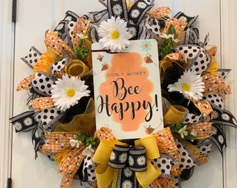 Bumble Bee Spring Summer Front Door Wreath with Don’t Worry Bee Happy Decorative Sign Honey Pot Garden Decor for Your Home Porch Entrance