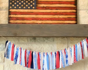 Rag Tie Garland Banner with Patriotic Red White Blue Fabric Strips for Mantle Photo Prop Backdrop 4th of July Country Outdoor Party Decor