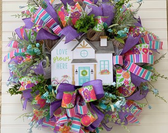 Spring Summer Valentines Day Front Door Wreath with Love Grows Here Decorative  Sign Welcome Home Decor for Your Home Porch Garden Entrance