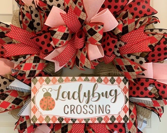 Ladybug Spring Summer Front Door Wreath with Ladybug Crossing Decorative Sign Argyle Red Black Border Garden Decor for Your Home Porch Patio