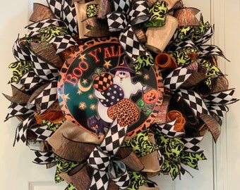 Halloween Fall Front Door Wreath with Boo Yall Decorative Sign Ghost Trio Pumpkins Cat Witch Hat Moon Stars Autumn Decor for Your Home Porch