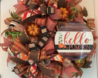 Pumpkin Front Door Wreath with Hello Fall Decorative Sign Decorative Sign Rustic Country Autumn Harvest Decor for Your Home Porch Entrance