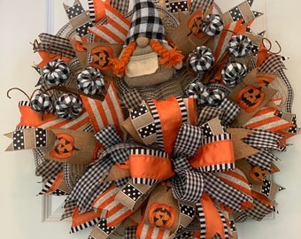 Gnome Fall Halloween Front Door Wreath with Black White Buffalo Plaid Pumpkins Thin Wreath Trick or Treat Decor for Your Home Porch Entrance