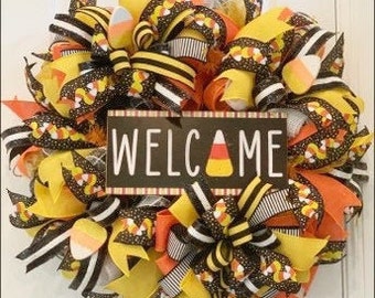 Candy Corn Fall Halloween Front Door Wreath with Welcome Decorative Sign Traditional Candy Corn Autumn Large Wreath for Your Home Entrance