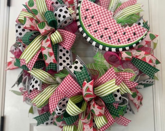 Summer Fruit Whimsical Front Door Wreath with Watermelon Slice Decorative Sign Fresh Pink Plaid Decor for Your Home Porch Patio Entrance