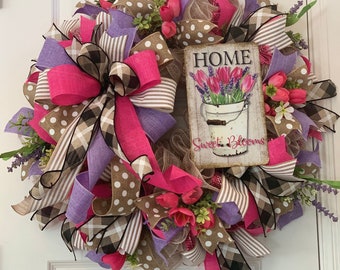 Spring Summer Front Door Wreath with Home Sweet Blooms Decorative Sign Pink Tulips Lavender Floral Farmhouse Garden Decor for Your Porch