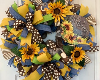 Everyday Front Door Wreath with Welcome Sunflowers Decorative Sign Denim Brown Yellow Sunflower Decor for Your Home Porch Spring Summer Fall