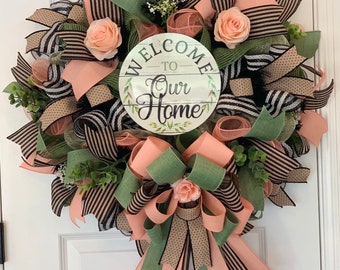 Everyday Welcome Front Door Wreath with Welcome to Our Home Decorative Sign Beige Sage Peach Black White Decor for Your Home Porch Entrance