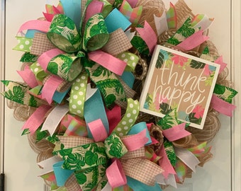 Tropical Spring Summer Front Door Wreath with Think Happy Decorative Sign Vibrant Flower Garden Lanai Decor for Your Home Porch Entrance