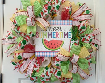 Summer Front Door Wreath with Sweet Summertime Watermelon Slice Decorative Sign Fresh Fruit Decor for Your Home Porch Entrance Kitchen Wall