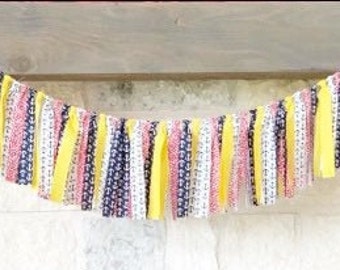 Rag Tie Garland Banner with Nautical Red White Navy Yellow Fabric Strips for Mantle Photo Prop Backdrop Ship Anchor Boat Outdoor Party Decor