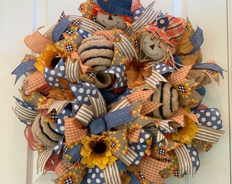 Scarecrow Fall Front Door Wreath with Sunflowers Blue Orange Yellow Beige Autumn Harvest Halloween Decor for Your Home Porch Patio Entrance