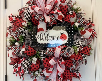 Ladybug Spring Summer Front Door Wreath with Welcome Decorative Sign Red Black Polka Dot Plaid Garden Decor for Your Home Porch Entrance