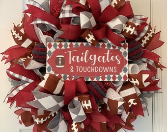 Football Fall Front Door Wreath with Tailgates and Touchdowns Decorative Sign Argyle Print Team School College Spirit Decor for Your Home