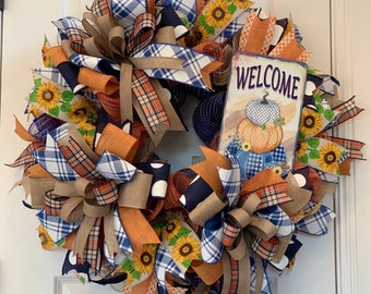 Fall Front Door Wreath with Stacked Trio Pumpkins Welcome Decorative Sign Blue Orange White Beige Autumn Decor for Your Home Porch Entrance