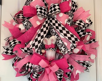 Everyday Spring Summer Front Door Wreath with Plush Gnome Pinks Black White Valentines Day Easter Holiday Decor for Your Home Porch Entrance