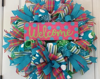 Everyday Summer Front Door Wreath with Welcome Decorative Sign Polka Dots Turquoise Hot Pink Lime Green Decor for Your Home Porch Entrance