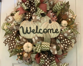 Pumpkin Fall Front Door Wreath with Welcome Decorative Sign Rustic Country Autumn Harvest Sage Cream Mums Decor for Your Home Porch Entrance