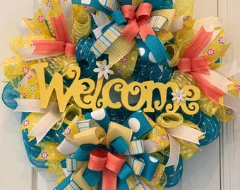 Spring Summer Wreath for Front Door with Welcome White Yellow Daisy Decorative Sign Fun Whimsical Cheery Decor for Your Home Porch Entrance