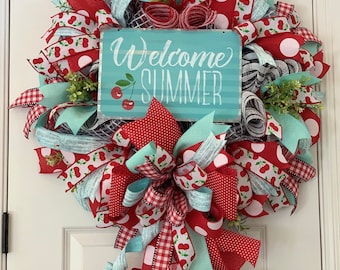 Cherry Retro Themed Front Door Wreath with Decorative Welcome Summer Metal Sign Garden for Your Cabin Cottage Farmhouse Home Porch Entrance