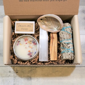 Personalized Gift Box | Blue Sage Cleansing Bundle Soy Candle Kit | Smudge Healing | Thick Selenite Crystal | Palo Santo Protection | love