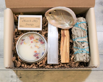 Personalized Gift Box | Blue Sage Cleansing Bundle Soy Candle Kit | Smudge Healing | Thick Selenite Crystal | Palo Santo Protection | love