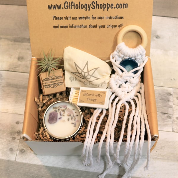 Personalized Gift Box | Macramé Air Plant Holder | Agate Slice & Soy Candle Set | Trendy Mini Boho Chic | Bundle for Her | Housewarming Joy