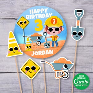 Kawaii Construction Cake Topper | Little Digger Birthday Decor | Printable + Bonus Stickers | Editable In Canva