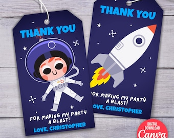 Etiquetas para recuerdos de cumpleaños de astronauta / Notas de agradecimiento con cohete espacial / Plantilla editable de Canva / Descarga digital