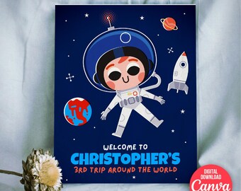 Kawaii Astronaut Birthday Welcome Sign | Space Party Decor | Editable in Canva