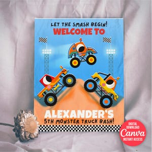 Kawaii Monster Trucks Birthday Welcome Sign | Monster Jam Bash Party Decor | Editable in Canva