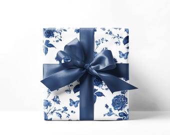 Blue Floral Wrapping Paper, Vintage Inspired Gift Wrap, Wedding Gift Wrap, Flower Wrapping Sheets, Botanical Paper, China Inspired Wrap