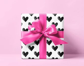 Papier cadeau coeur noir, Papier cadeau minimaliste, Papier cadeau Saint Valentin, Papier cadeau d'anniversaire, Papier cadeau moderne, Papier cadeau mignon