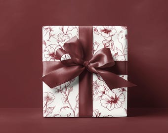 Red Floral Wrapping Paper, Flower Gift Wrap, Birthday, Holidays, Mother's Day, Anniversary Gift
