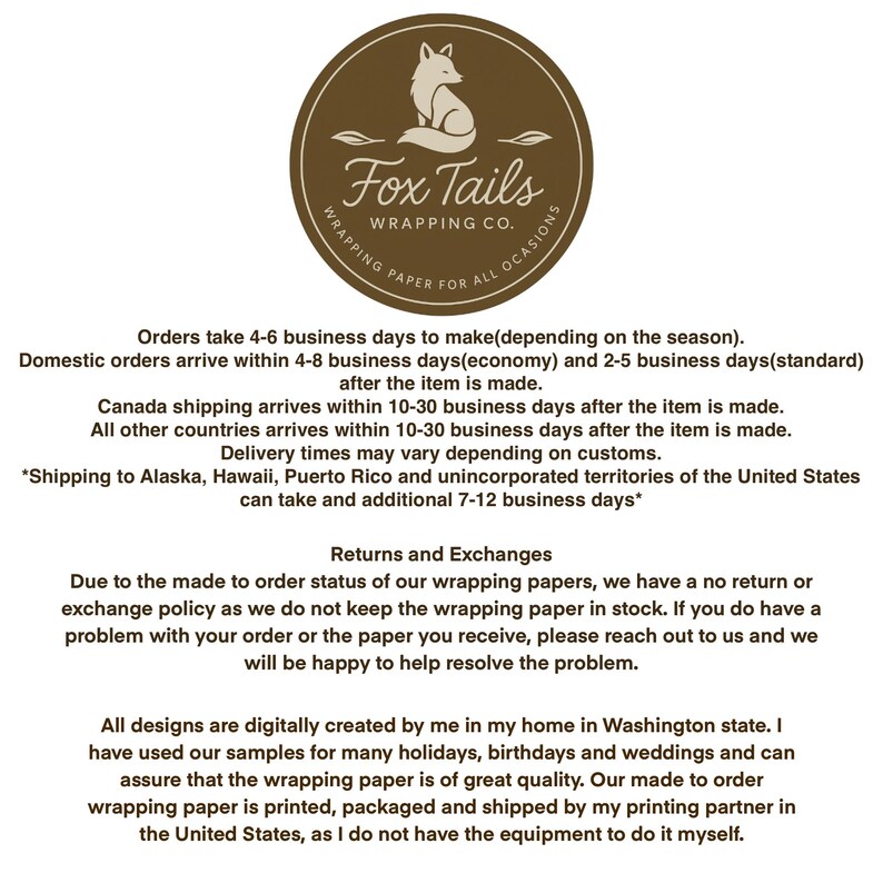 Puede incluir: Un logotipo circular marr&oacute;n con una ilustraci&oacute;n de zorro y el texto "Fox Tails Wrapping Co.". El texto circundante detalla el procesamiento de pedidos, los tiempos de env&iacute;o y las devoluciones.
