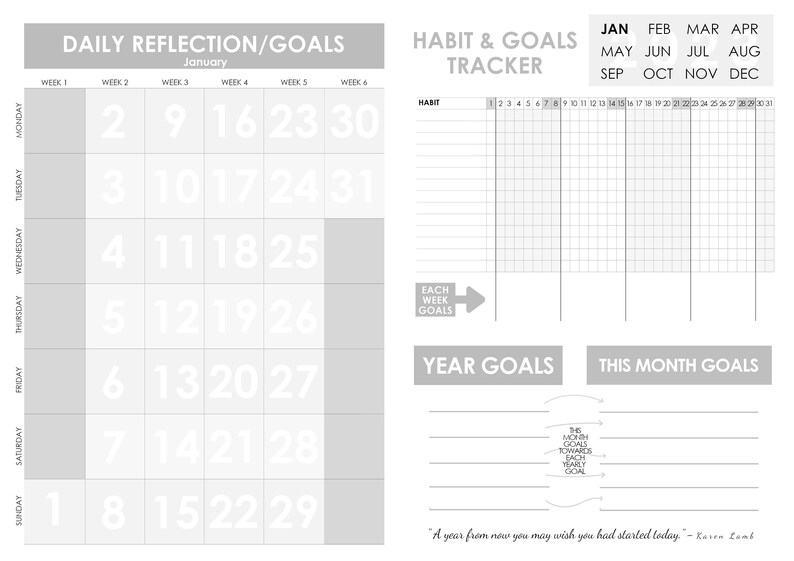 Minimalistic A4 Printable Habit & Goals Planner 2023 Goals Tracker