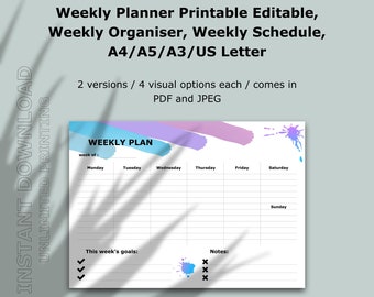 Weekly Planner Printable, Weekly Organiser, Weekly Schedule, A4/A5/A3/US Letter