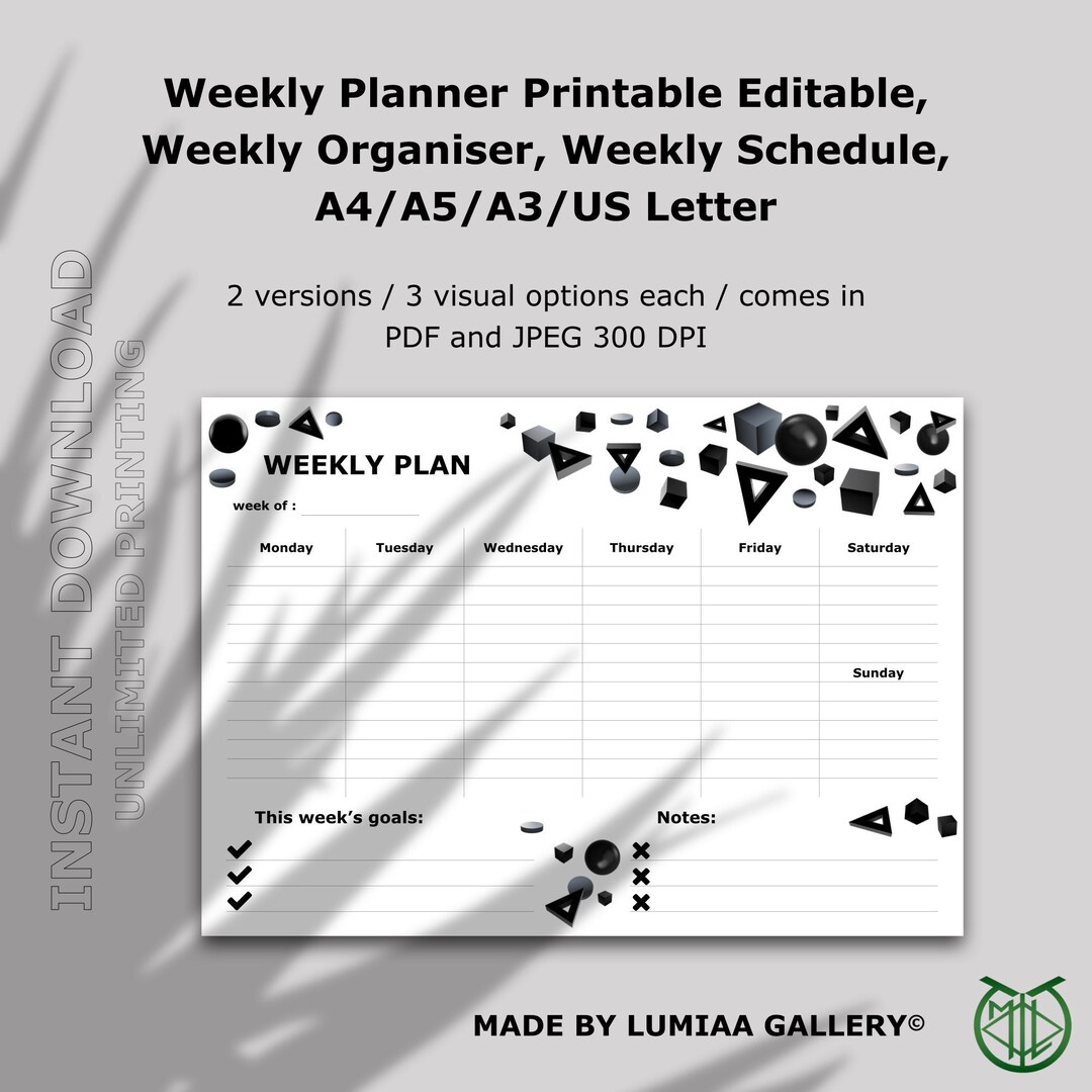 Organiser Weekly Rss Weekly Planner Printable Editable, Weekly Organiser, Weekly Schedule ...