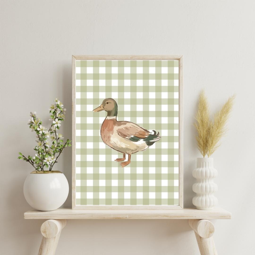 Green Gingham Duck Nursery Print | Vintage Beige Wall Art (digital ...