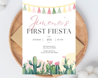 May include: A cactus-themed first birthday party invitation with a pink and green color scheme. The invitation features a banner with tassels, a cactus illustration, and the text "Jimena's First Fiesta" with the date and time of the party.