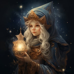 May include: A young woman with long white hair wears a blue hooded robe with gold accents and holds a glowing orb in her hands. The background is a dark blue with scattered gold stars.
