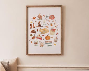 Pode incluir: Uma impressão em aquarela emoldurada com ilustrações com tema de outono. A obra de arte inclui uma raposa, uma abóbora, folhas, cogumelos e uma cesta de maçãs. A paleta de cores é quente, com tons de laranja, castanho e bege, evocando uma sensação acolhedora.
