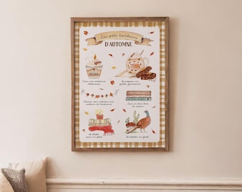 Pode incluir: Uma impressão emoldurada com uma moldura de madeira castanha. A impressão apresenta ilustrações de itens com tema de outono, como um cupcake, uma caneca de chocolate quente e um faisão. O texto "Les petits bonheurs d'automne" está no topo.