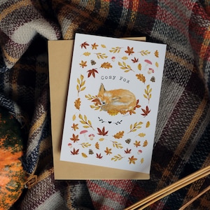 Carte illustrée renard, automne, cosy