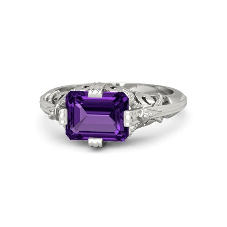 3.5ct Natural amethyst ring emerald cut purple gemstone sterling silver ring February birthstone promise ring