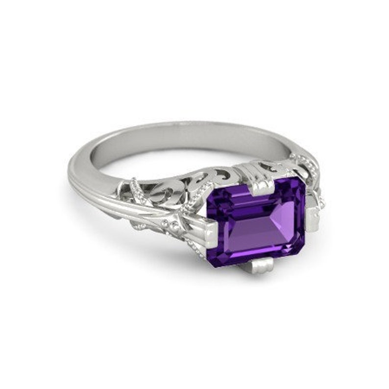 3.5ct Natural amethyst ring emerald cut purple gemstone sterling silver ring February birthstone promise ring