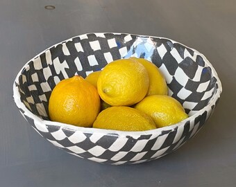 Large Stoneware Bowl | Organic Edge Pattern Bowl | Black Blue Checkered Salad Bowl | Ceramic Fruit Bowl | Handmade Asymmetrical Modern Bowl