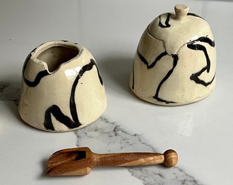 Ceramic Jar with Lid | Black White Stoneware Spice Salt Jar | Small Organic Shape Jar | Modern Small Bell Jar Set of 2