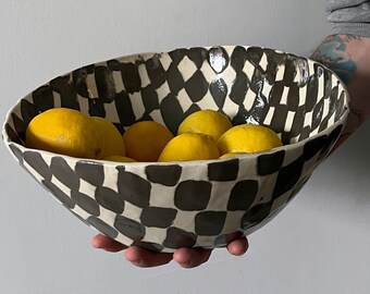 Extra Large Stoneware Bowl | Organic Edge  Bowl | Black Checkered Salad Bowl | Ceramic Fruit Bowl | Handmade Asymmetrical Modern Bowl